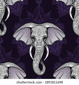 Seamless pattern with ethnic elephant head with mehendi decoration and mandala on violet background. Spiritual Ganesha with tribal decoration. Vector texture for fabric, wallpapers and your creativity