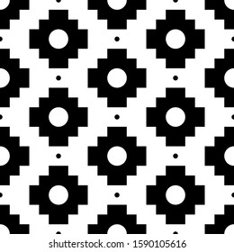 Seamless pattern. Ethnic embroidery background. Tribe motif. Inca crosses, circles ornament. Tribal wallpaper. Ethnical folk image. Ancient mosaic. Digital paper for web design, textile print. Vector.
