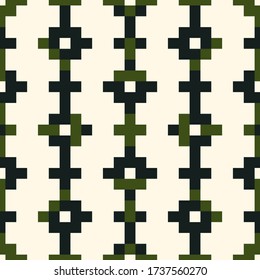 Seamless pattern. Ethnic embroidery background. Figures ornament. Tribe motif. Tribal wallpaper. Crosses, squares, rectangles image. Ancient backdrop. 