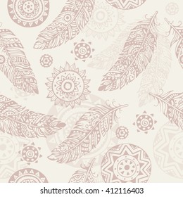 Seamless pattern with ethnic feather elements. Doodle illustration. Vector.