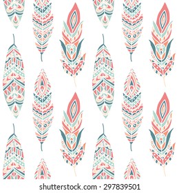 Seamless Pattern with Ethnic Feathers, hand drawn vector illustration, can be used for wallpaper, web page background, greeting cards, fabric print