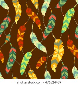 Seamless Pattern with Ethnic Feathers, hand drawn vector illustration, can be used for wallpaper, web page background, greeting cards, fabric print