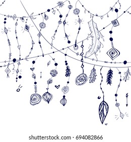 Seamless Pattern of ethnic with feathers and ornaments.Card hand drawn boho style. Tribal doodle background. 