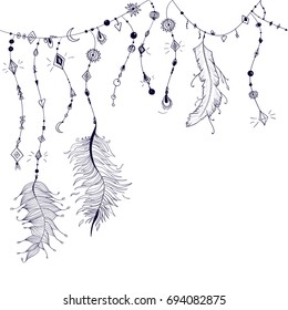 Seamless Pattern of ethnic with feathers and ornaments.Card hand drawn boho style. Tribal doodle background. 