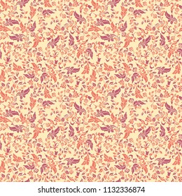seamless pattern with ethnic flowers and leaf, vector floral illustration in vintage style