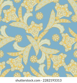 seamless pattern with ethnic flowers and leaf, vector floral illustration in vintage style