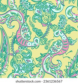 Seamless pattern with ethnic flowers ,leaf and birds vector floral illustration in vintage style