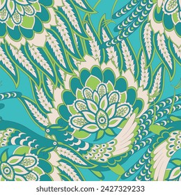 seamless pattern with ethnic flowers and leaf, vector floral illustration in vintage style