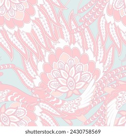 seamless pattern with ethnic flowers and leaf, vector floral illustration in vintage style