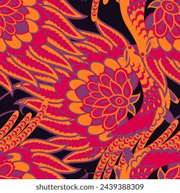 seamless pattern with ethnic flowers and leaf, vector floral illustration in vintage style