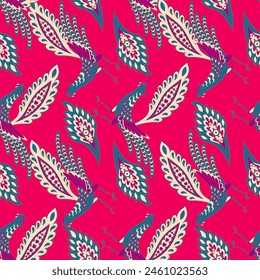 Seamless pattern with ethnic flowers ,leaf and birds vector floral illustration in vintage style