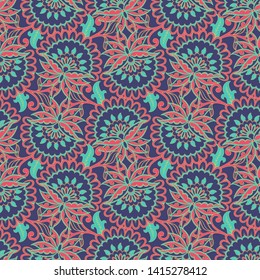 Seamless pattern with ethnic flowers. Vector Floral Illustration in asian textile style