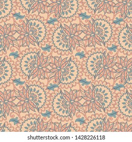 Seamless pattern with ethnic flowers. Vector Floral Illustration in asian textile style