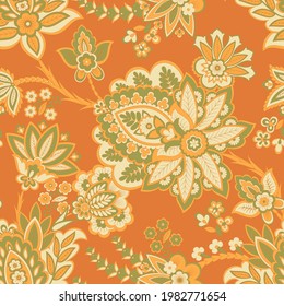 Seamless pattern with ethnic flowers. Vector Floral Illustration in asian textile style