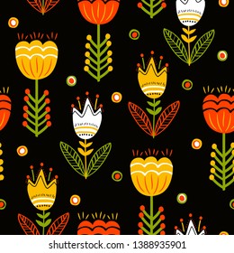 Seamless pattern ethnic folk flowers ukrainian and scandinavian style blend. Hand drawn unique flowers and decorative elements. Collection - folk patterns.