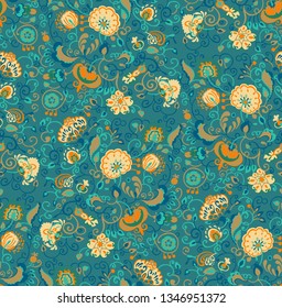 Seamless pattern, ethnic folkloric small colorful flowers. Trend fashion textile surface print for interior decor, womenswear, cover, gifts.