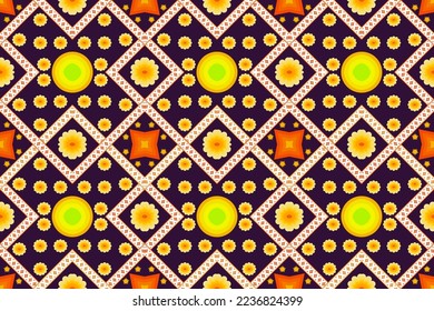 Seamless pattern of ethnic geographic flowers with colorful ethnic motifs.