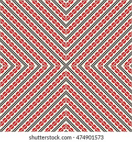 Seamless pattern with ethnic geometric abstract ornament. Cross stitch slavic embroidery motifs. Decorative elements in traditional red and black colors on white background. Vector illustration.
