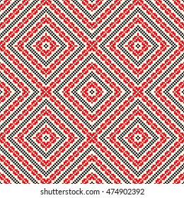 Seamless pattern with ethnic geometric abstract ornament. Cross stitch slavic embroidery motifs. Decorative elements in traditional red and black colors on white background. Vector illustration.