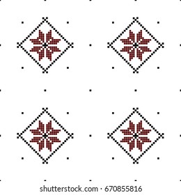 Seamless pattern with ethnic geometric abstract ornament. Cross stitch Slavic embroidery motifs. Decorative elements in traditional red and black colors on white background. Vector illustration.