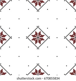 Seamless pattern with ethnic geometric abstract ornament. Cross stitch Slavic embroidery motifs. Decorative elements in traditional red and black colors on white background. Vector illustration.