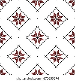 Seamless pattern with ethnic geometric abstract ornament. Cross stitch Slavic embroidery motifs. Decorative elements in traditional red and black colors on white background. Vector illustration.