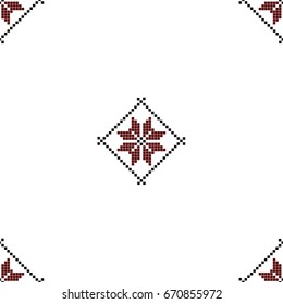 Seamless pattern with ethnic geometric abstract ornament. Cross stitch Slavic embroidery motifs. Decorative elements in traditional red and black colors on white background. Vector illustration.