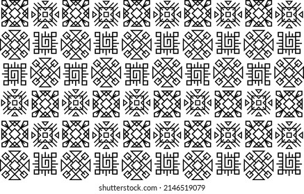 Seamless pattern with ethnic geometric design elements. Black thin line art ornaments, square patterns
