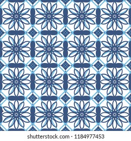 Seamless pattern with ethnic geometric ornaments. Ceramic tiles. Vector illustration. In blue tones.