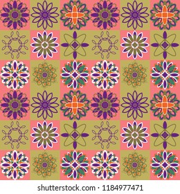 Seamless pattern with ethnic geometric ornaments. Ceramic tiles. Vector illustration.