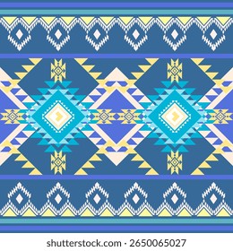 Patrón sin fisuras con Formas geométricas étnicas en tonos azules. Ideal para aplicaciones textiles. Tela tribal nativa americana, azulejo, alfombra, diseño de Vector. Motivo árabe en ventana. adorno de textura india boho