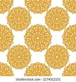 Patrón sin foco de mandala de color dorado étnico. Elementos decorativos de época para papel pintado, textiles, azulejos. motivos árabes, indios y otomanos. Tela útil para imprimir sobre papel. 