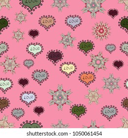 Seamless pattern with Ethnic Hearts, in retro 80s style for fabric print, paper print and website backdrop. Valentines Day. Pink, gray and beige Vector illustration.