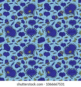 Seamless pattern with Ethnic Hearts, in retro 80s style for fabric print, paper print and website backdrop. Valentines Day. Blue, black and green Vector illustration.