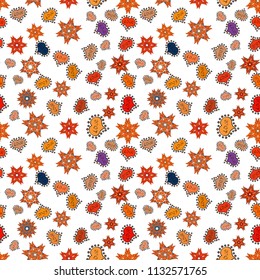Seamless pattern with Ethnic Hearts, in retro 80s style for fabric print, paper print and website backdrop. Valentines Day. White, orange and black Vector illustration.