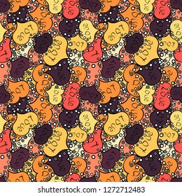 Seamless pattern with Ethnic Hearts, in retro 80s style for fabric print, paper print and website backdrop. Valentines Day. Orange, black and yellow Vector illustration.