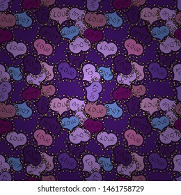 Seamless pattern with Ethnic Hearts, in retro 80s style for fabric print, paper print and website backdrop. Valentines Day. Violet, neutral and black Vector illustration.