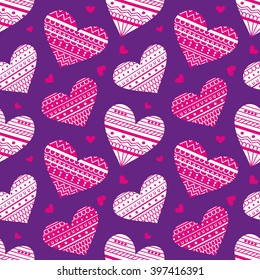 Seamless Pattern with Ethnic Hearts, vector illustration in retro 80s style for fabric print, paper print and website backdrop