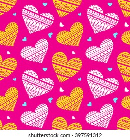Seamless Pattern with Ethnic Hearts, vector illustration in retro 80s style for fabric print, paper print and website backdrop