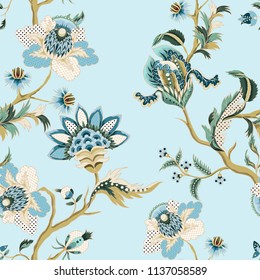 Seamless pattern with ethnic Japanese ornament elements. Folk flowers and leaves for print or embroidery. 