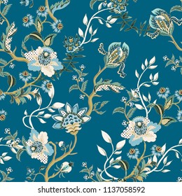 Seamless pattern with ethnic Japanese ornament elements. Folk flowers and leaves for print or embroidery. 