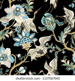 Seamless pattern  with ethnic Japanese ornament elements and cranes. Folk flowers and leaves for print or embroidery. 