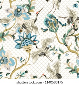 Seamless pattern  with ethnic Japanese ornament elements and cranes. 