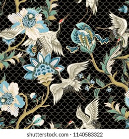 Seamless pattern  with ethnic Japanese ornament elements and cranes.  