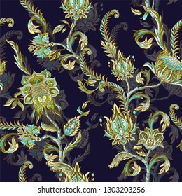Seamless pattern with ethnic Japanese ornament elements. Folk flowers and leaves 
