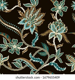 Seamless pattern with ethnic Japanese ornament elements. Folk flowers and leaves for print or embroidery.