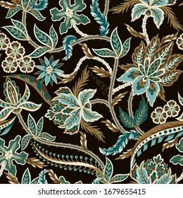 Seamless pattern with ethnic Japanese ornament elements. Folk flowers and leaves for print or embroidery.