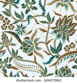 Seamless pattern with ethnic Japanese ornament elements. Folk flowers and leaves for print or embroidery