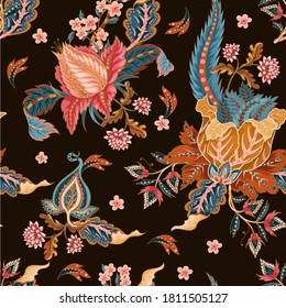 Seamless pattern with ethnic Japanese ornament elements. Folk flowers and leaves for print or embroidery