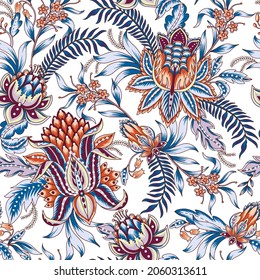 Seamless pattern with ethnic Japanese ornament elements. Folk flowers and leaves for print or embroidery.